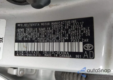 2017 Toyota Corolla L z USA, uszkodzony, nr VIN 2T1BURHE2HC830708